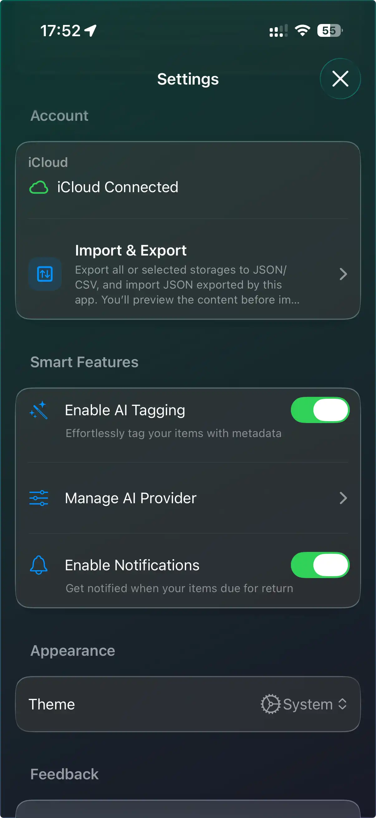 WatInside iCloud sync settings
