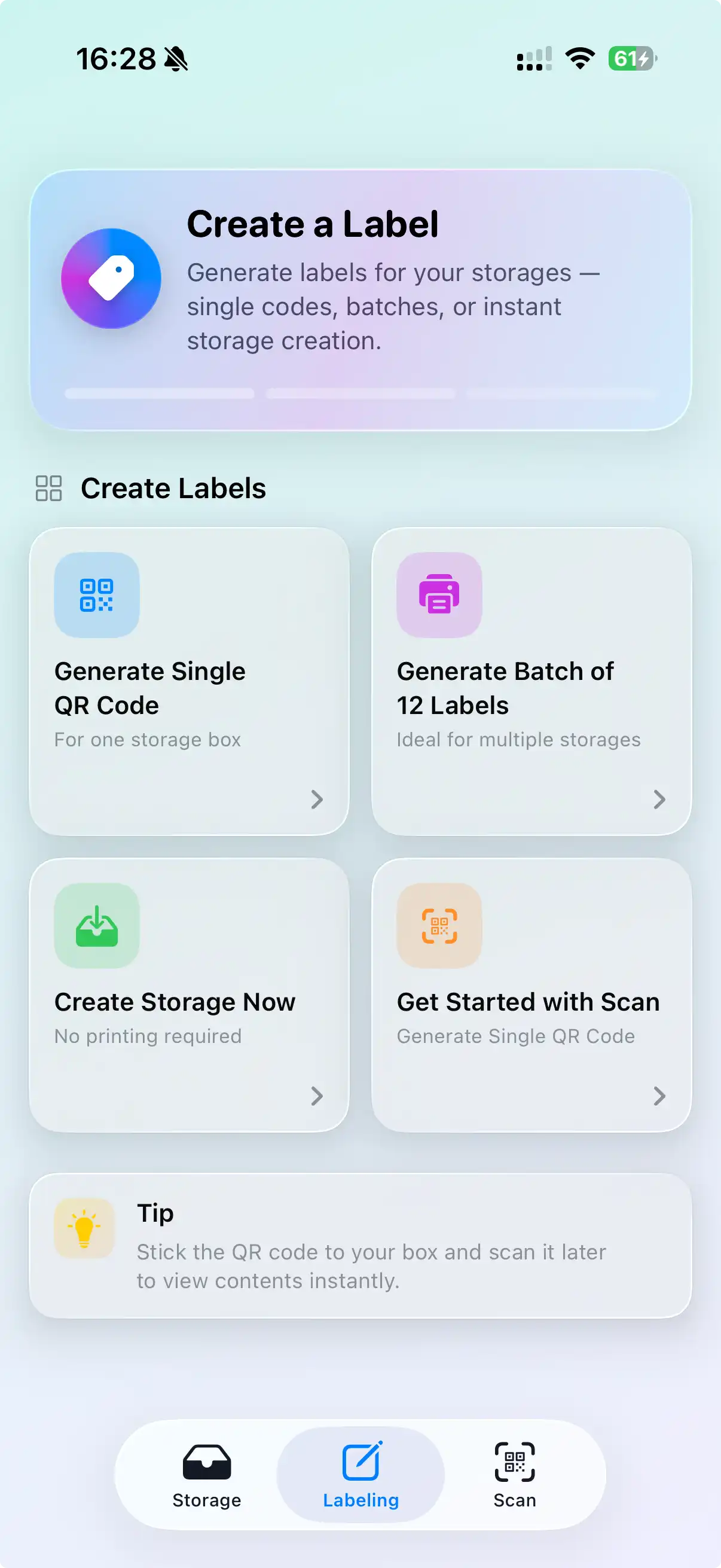 WatInside app Create a Label screen with QR code generation options in light mode
