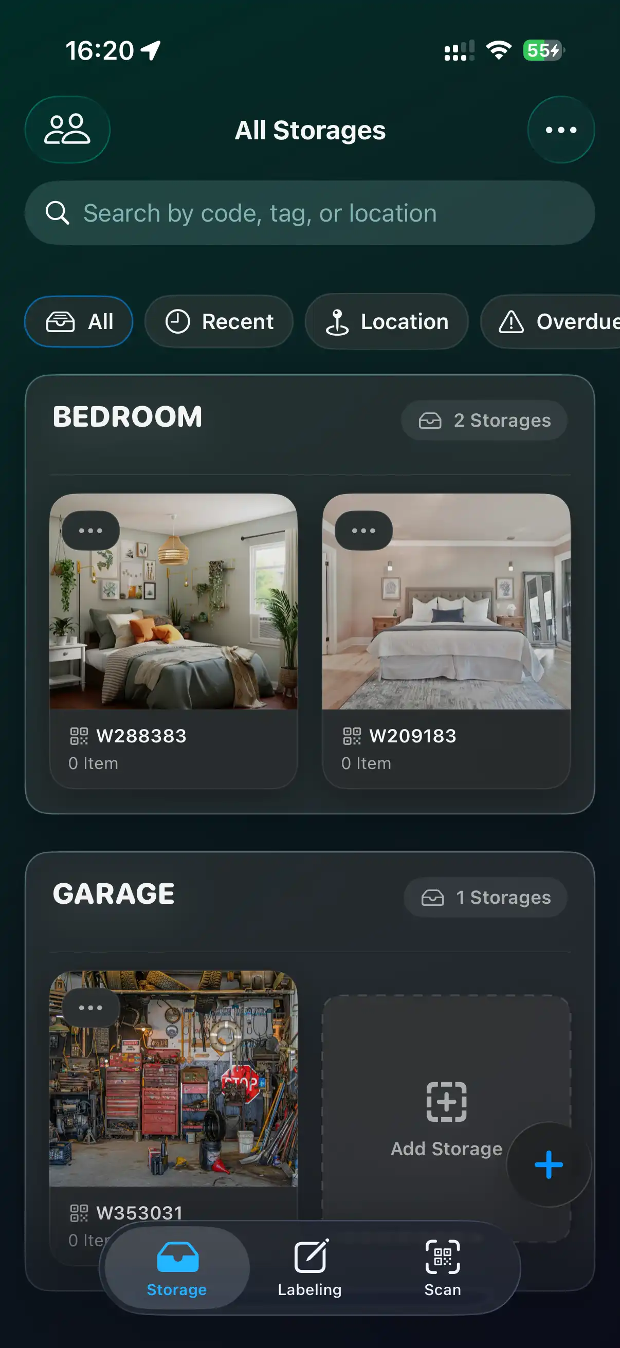 WatInside app showing All Storages screen with bedroom and garage locations in dark mode